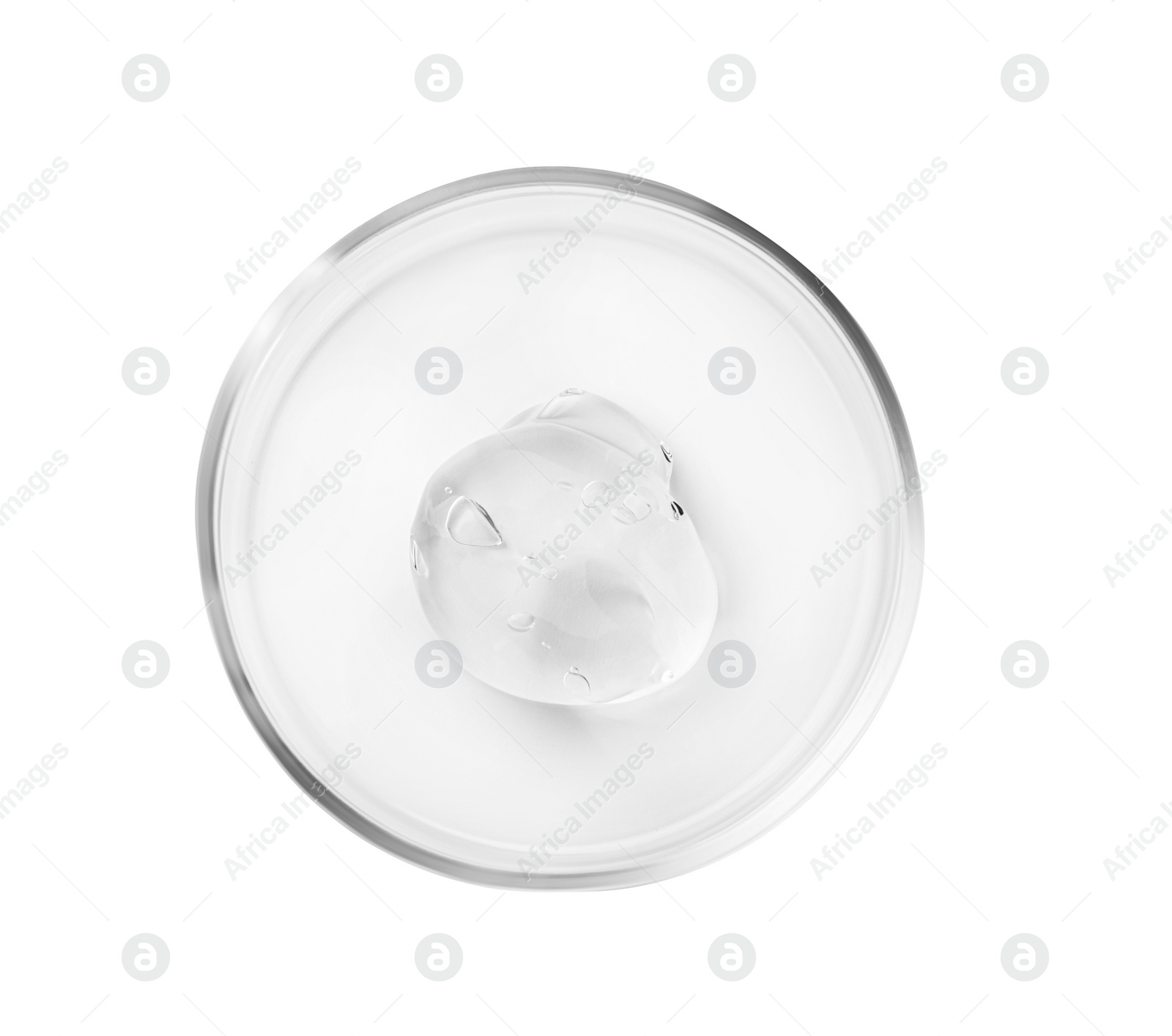 Photo of Petri dish with liquid isolated on white, top view