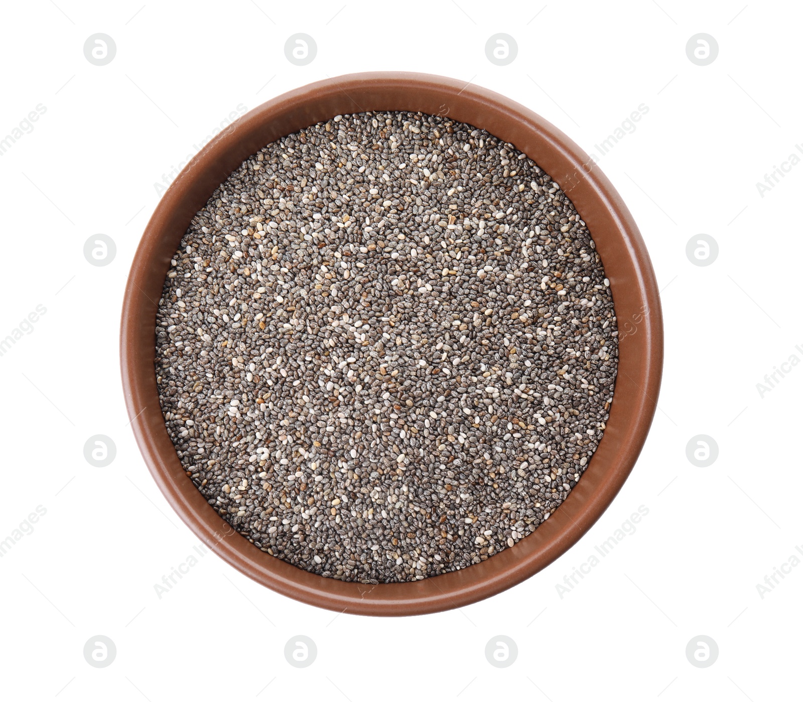 Photo of Bowl with chia seeds isolated on white, top view