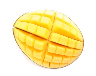 Photo of Cut ripe mango on white background, top view