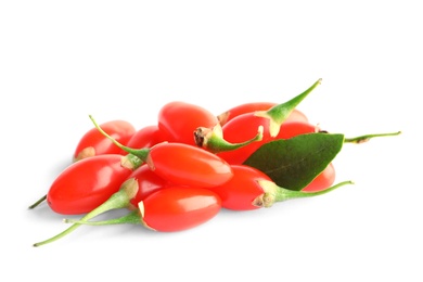 Photo of Fresh goji berries on white background. Healthy superfood