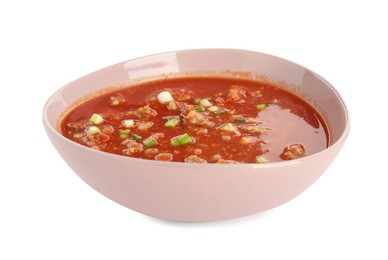 Bowl of delicious stuffed pepper soup on white background