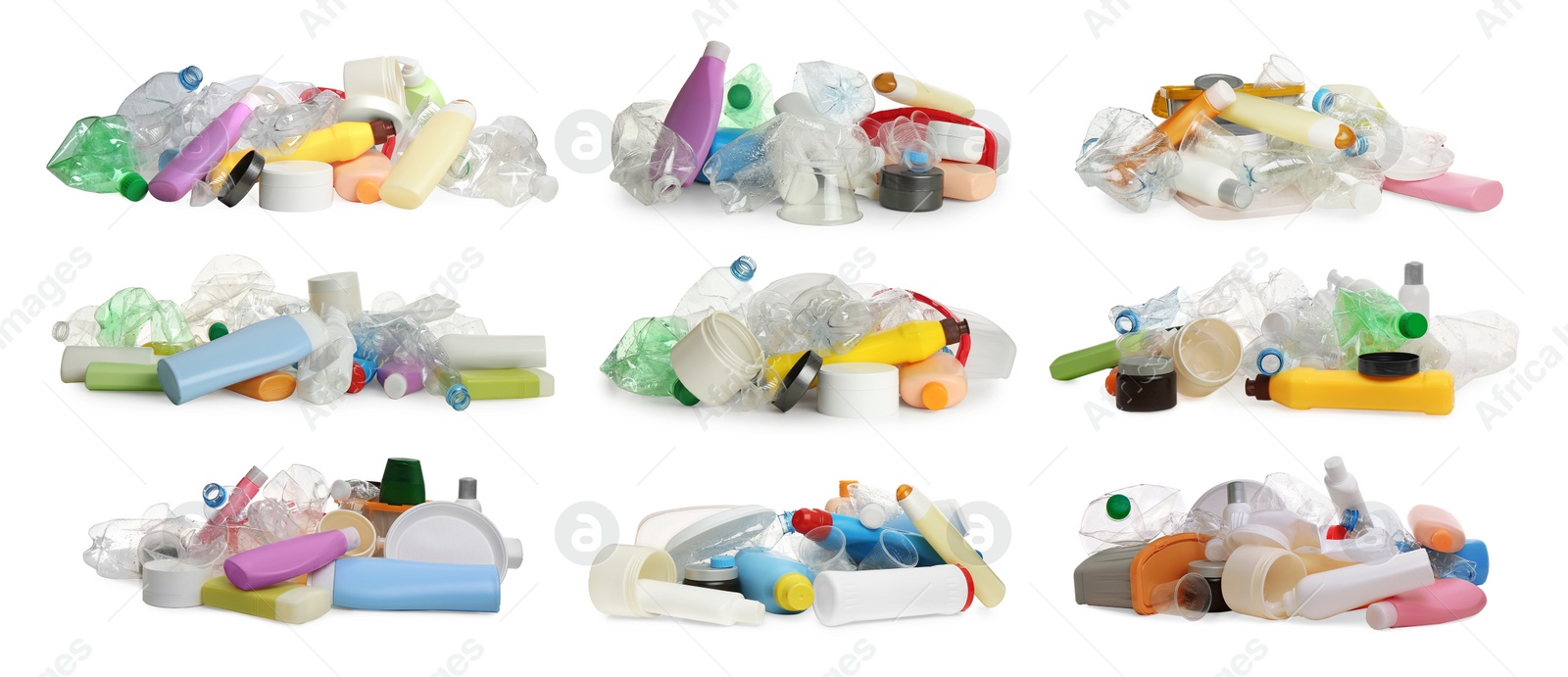Image of Set with piles of plastic garbage on white background. Banner design