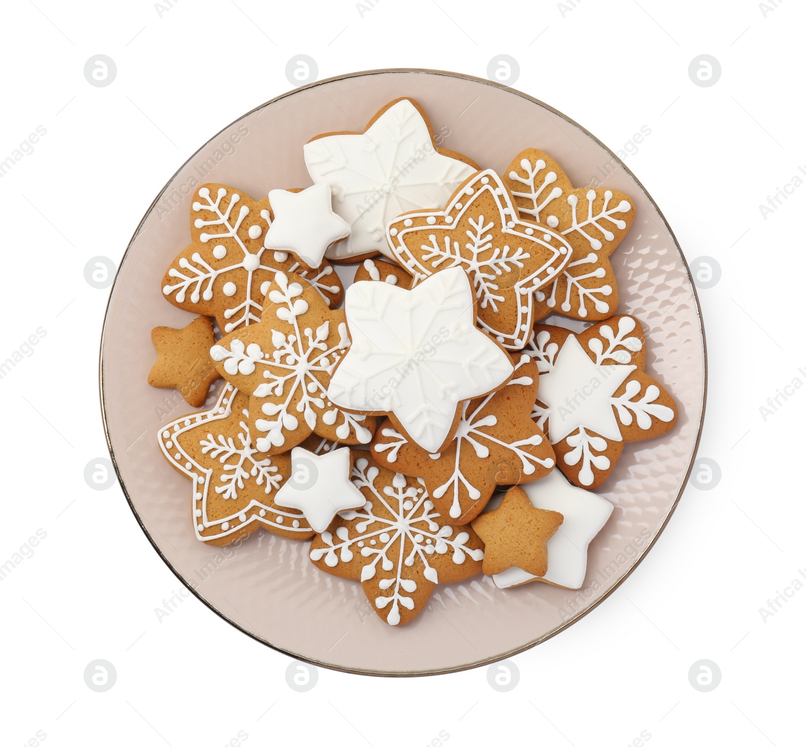 Photo of Tasty star shaped Christmas cookies with icing isolated on white, top view