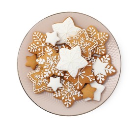 Photo of Tasty star shaped Christmas cookies with icing isolated on white, top view