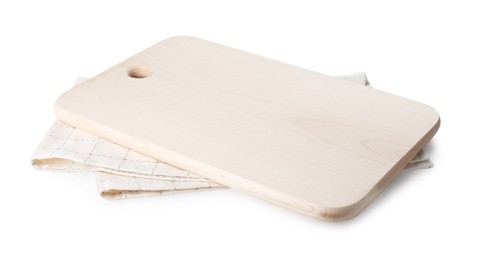 Wooden cutting board and checkered towel on white background