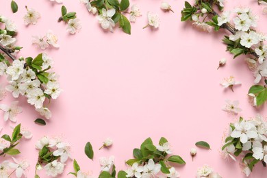 Beautiful spring flowers on pink background, flat lay. Space for text