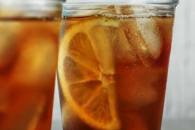 Glasses of delicious refreshing iced tea, closeup