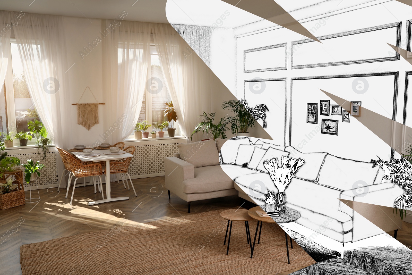 Image of From idea to realization. Beautiful apartment interior with combined dining and living area. Collage of photo and sketch