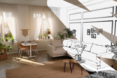 Image of From idea to realization. Beautiful apartment interior with combined dining and living area. Collage of photo and sketch