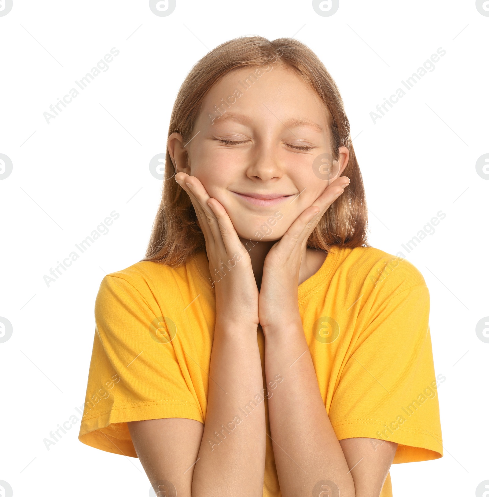 Photo of Portrait of happy preteen girl on white background