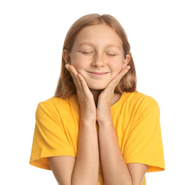 Photo of Portrait of happy preteen girl on white background