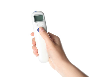 Photo of Woman holding non-contact infrared thermometer on white background, closeup