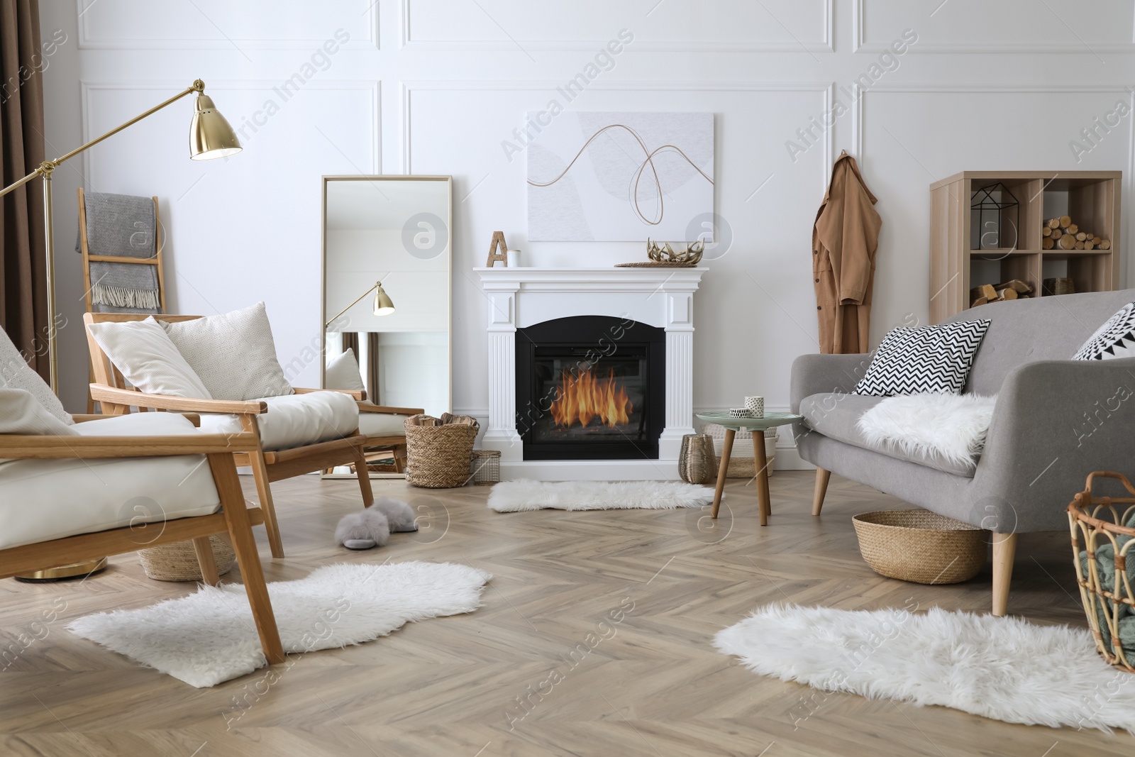 Photo of Beautiful living room interior with fireplace and armchairs