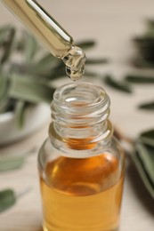 Photo of Dropping essential sage oil into bottle on blurred background, closeup.