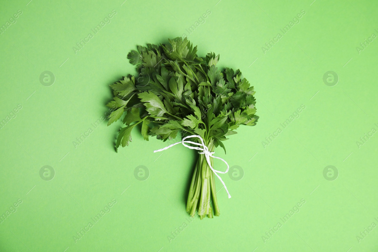 Photo of Bunch of fresh green parsley on color background, view from above