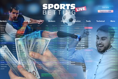 Image of Sports betting. Multiple exposure with football player, money, website page and emotional man