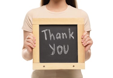 Photo of Woman holding small chalkboard with phrase Thank You on white background, closeup