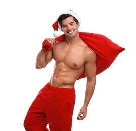 Photo of Sexy shirtless Santa Claus on white background