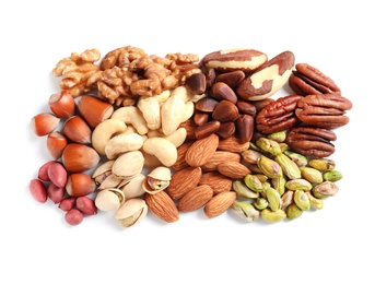Photo of Pile of mixed organic nuts on white background