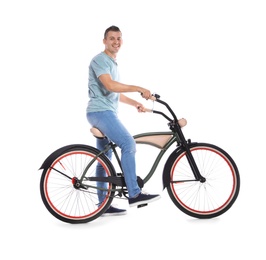 Portrait of handsome man with bicycle on white background