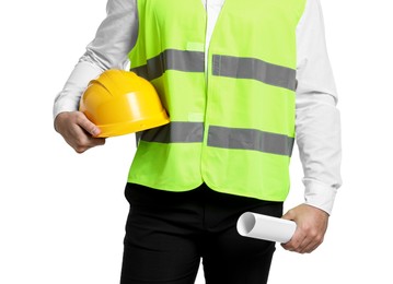 Photo of Engineer with hard hat and draft on white background, closeup