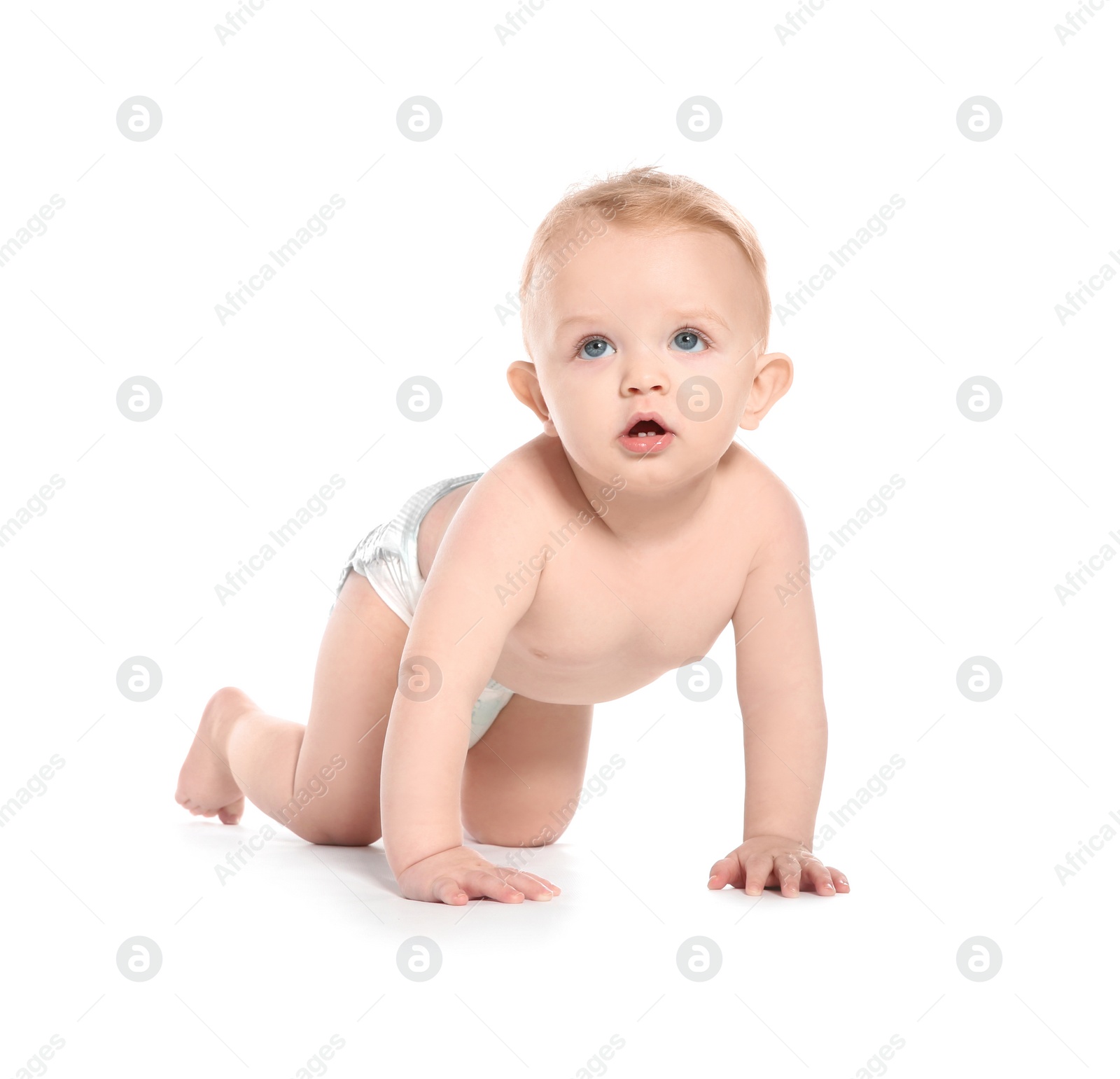 Photo of Cute little baby crawling on white background