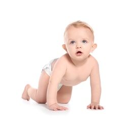 Photo of Cute little baby crawling on white background