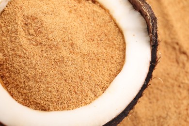 Coconut sugar and fruit on table, above view