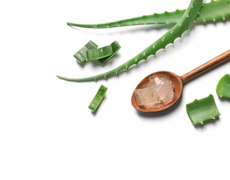 Photo of Flat lay composition with aloe vera on white background. Space for text