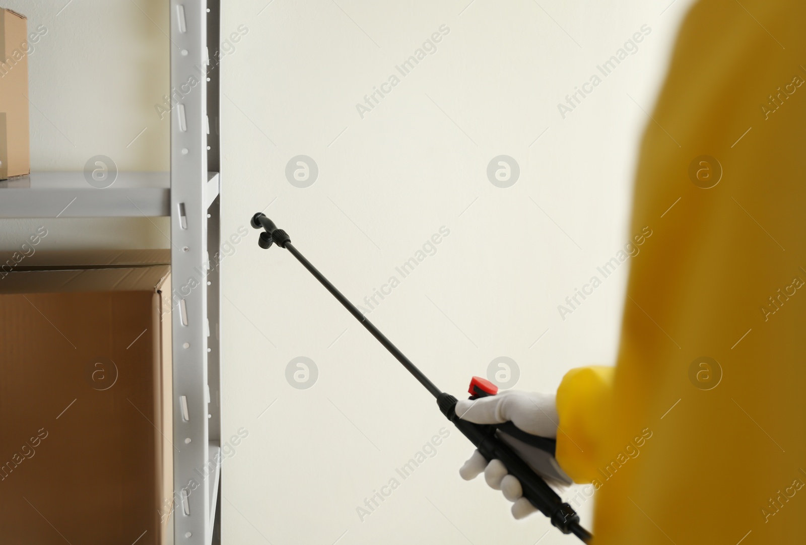 Photo of Pest control worker spraying pesticide indoors, closeup