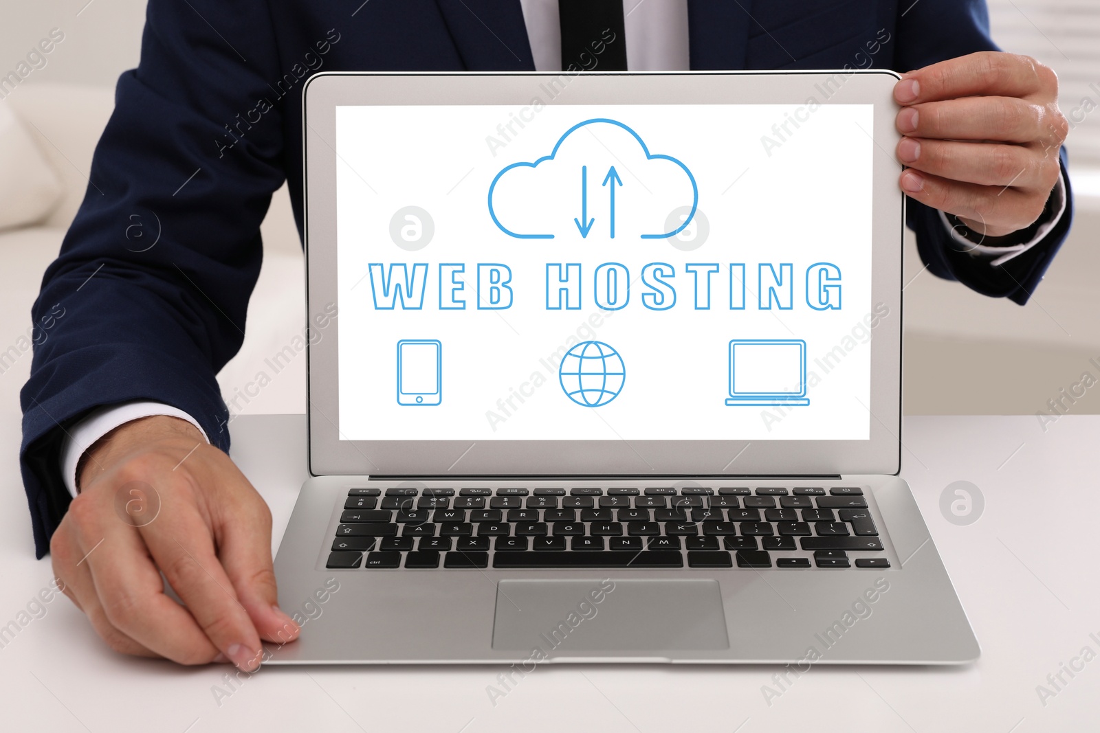 Image of Web hosting. Man showing laptop at table, closeup. Digital cloud with arrows, text and icons on screen