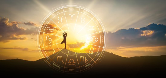 Zodiac wheel and photo of woman practicing yoga in mountains under sunset sky, space for text. Banner design