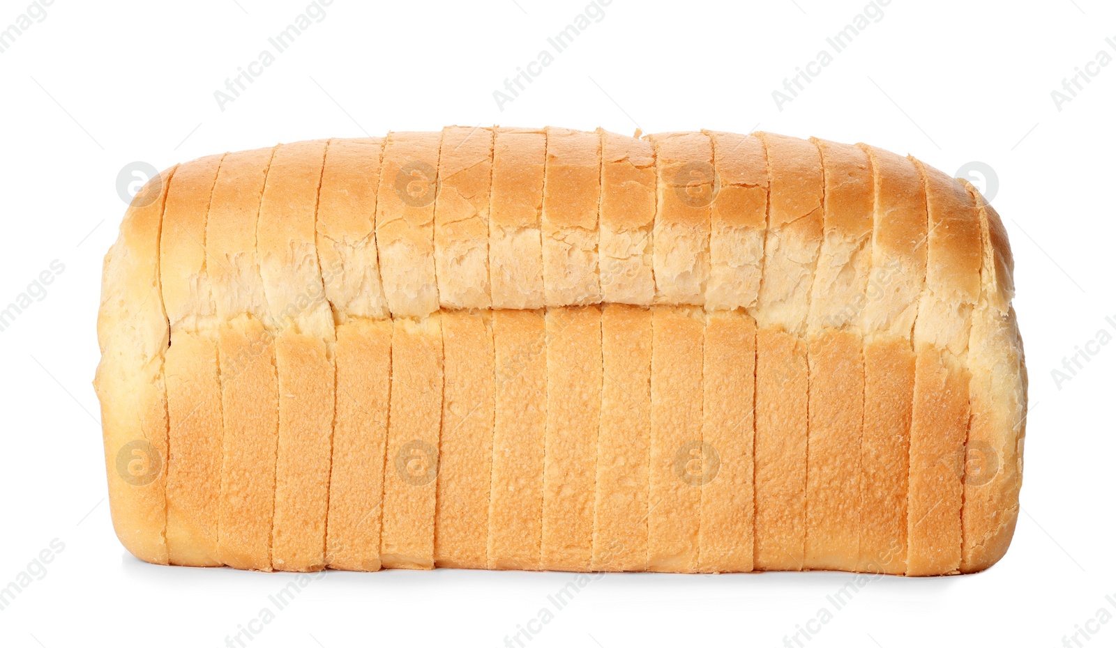 Photo of Sliced loaf of wheat bread isolated on white