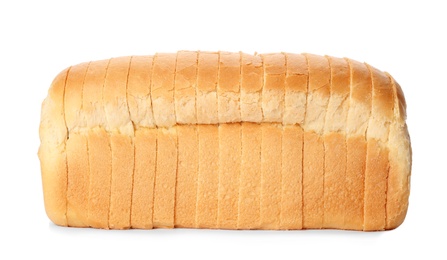 Photo of Sliced loaf of wheat bread isolated on white