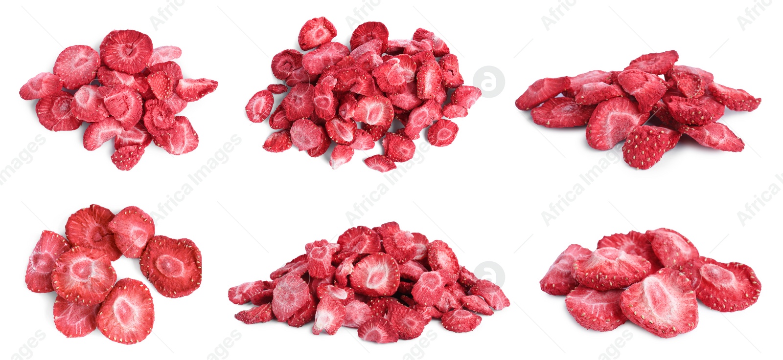 Image of Set with freeze dried strawberries on white background