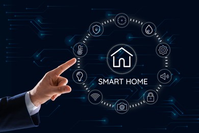 Image of Man using digital screen with Smart Home interface on dark blue background, closeup