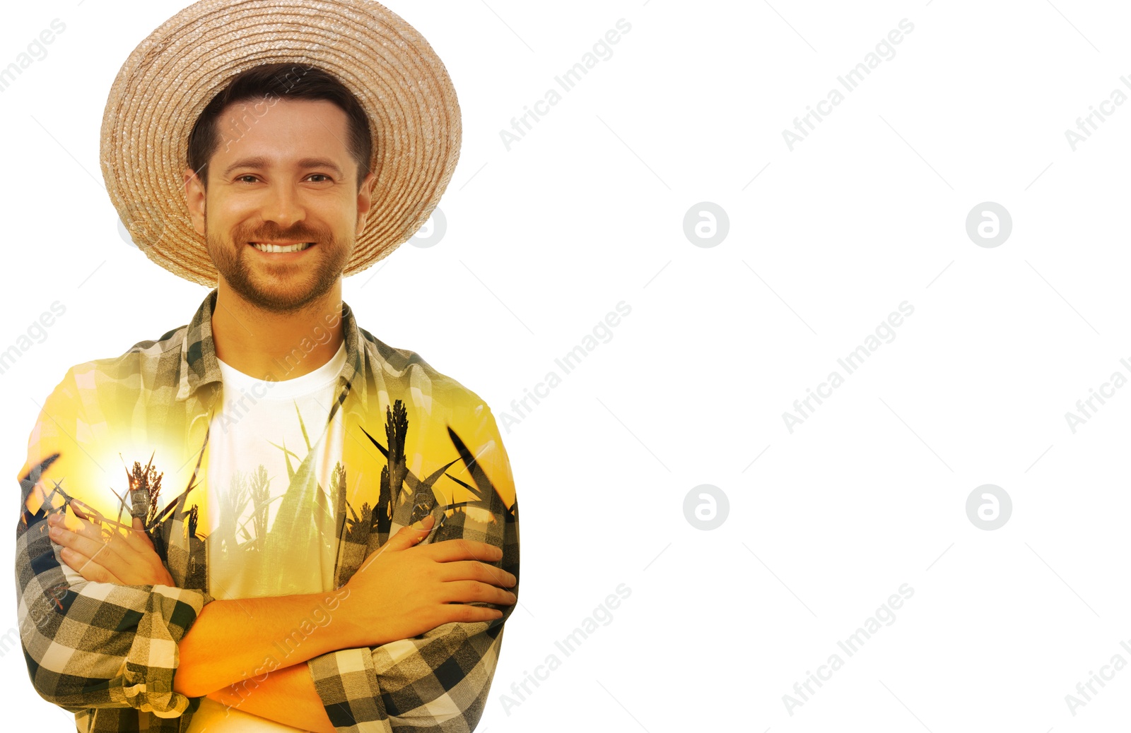 Image of Double exposure of farmer and agricultural field on white background
