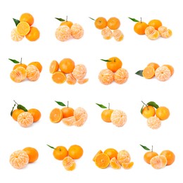 Image of Set with fresh ripe tangerines on white background