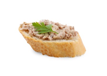 Photo of Tasty sandwich with cod liver and fresh parsley isolated on white