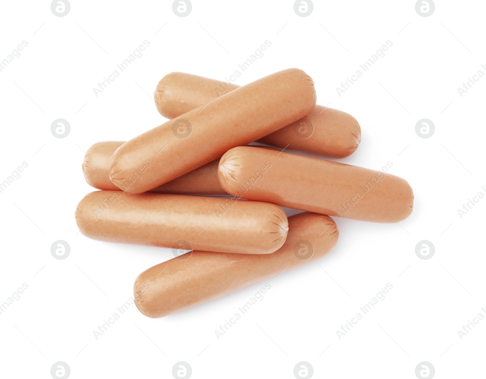 Photo of Delicious boiled sausages on white background, top view