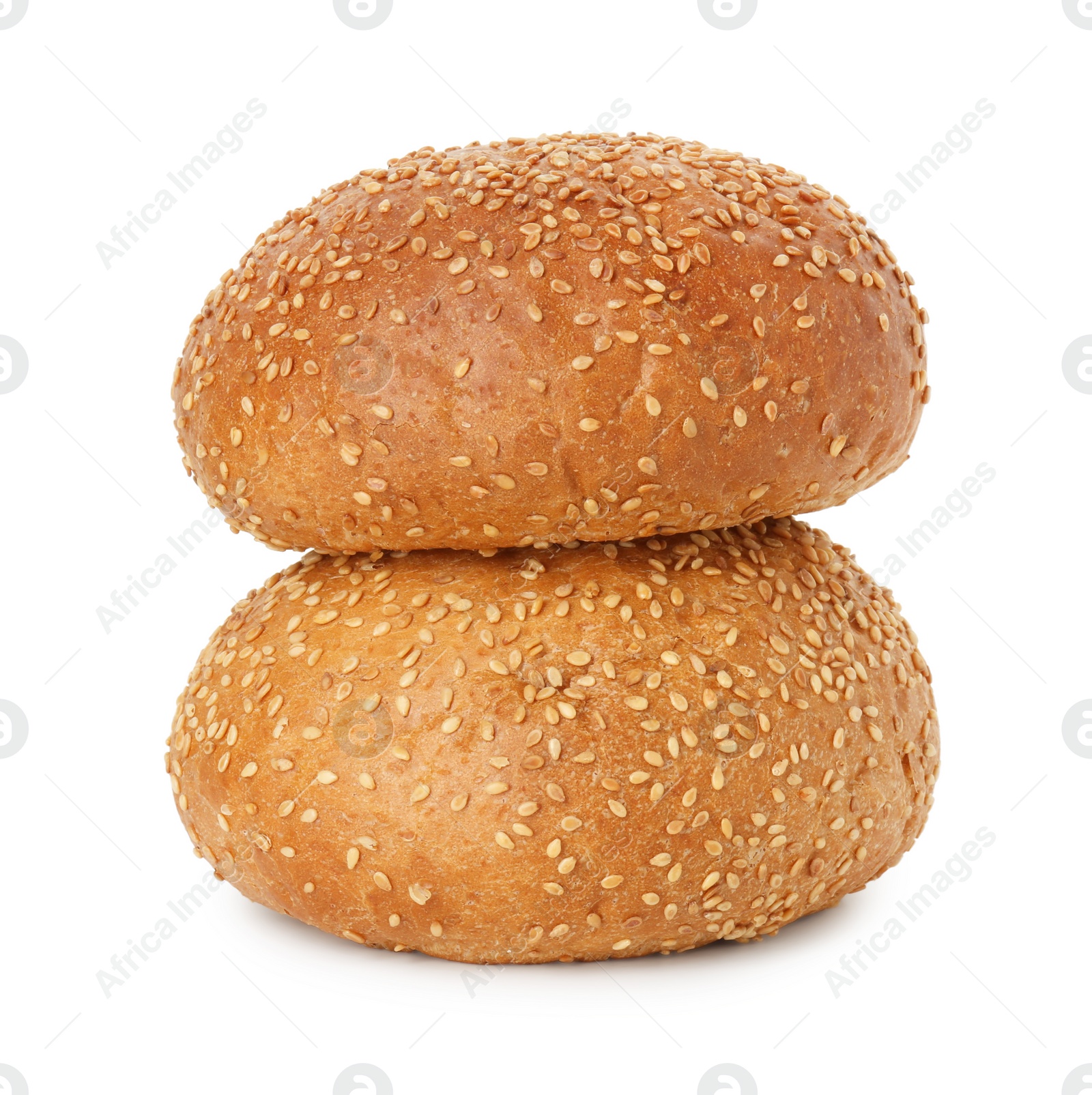 Photo of Two fresh hamburger buns with sesame seeds isolated on white