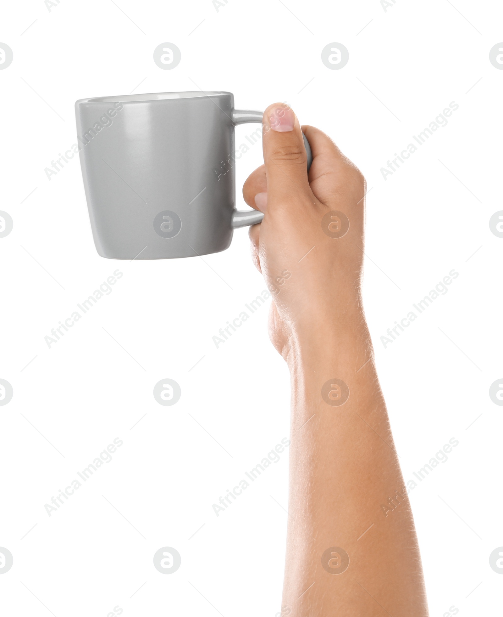 Photo of Woman holding light grey cup on white background, closeup