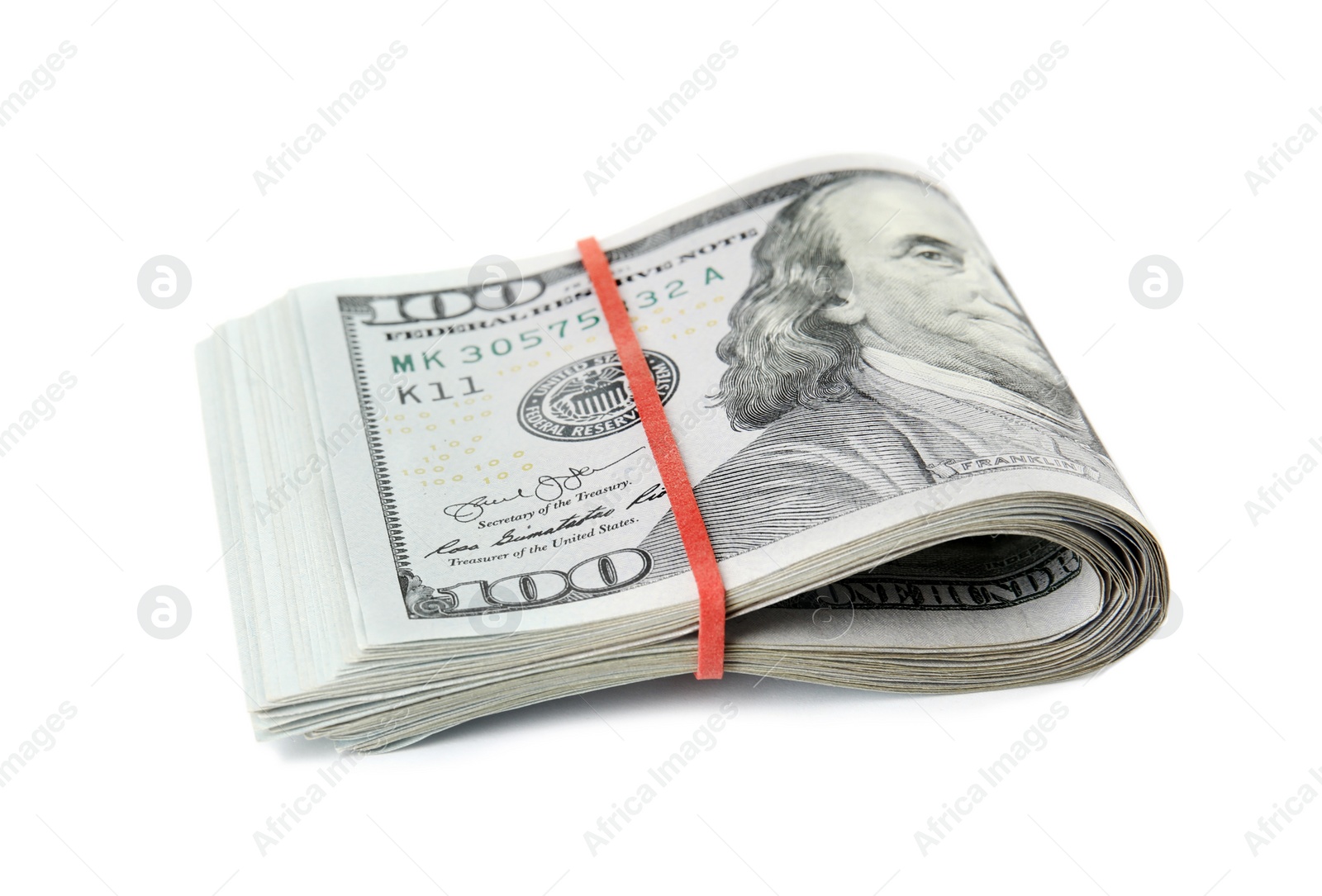 Photo of One hundred dollar banknote on white background. American national currency