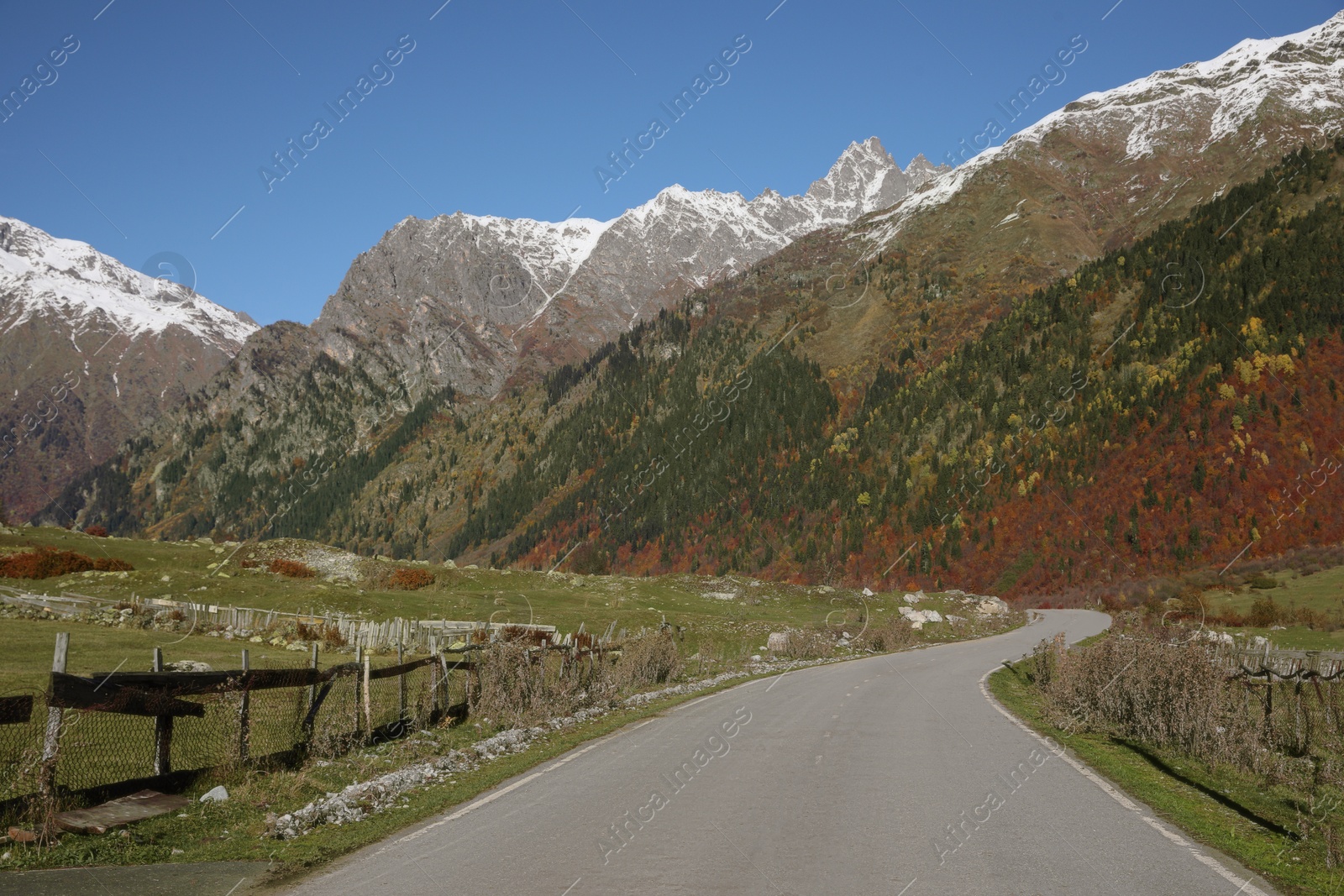 Photo of Picturesque view of empty asphalt highway in mountains on sunny day. Road trip
