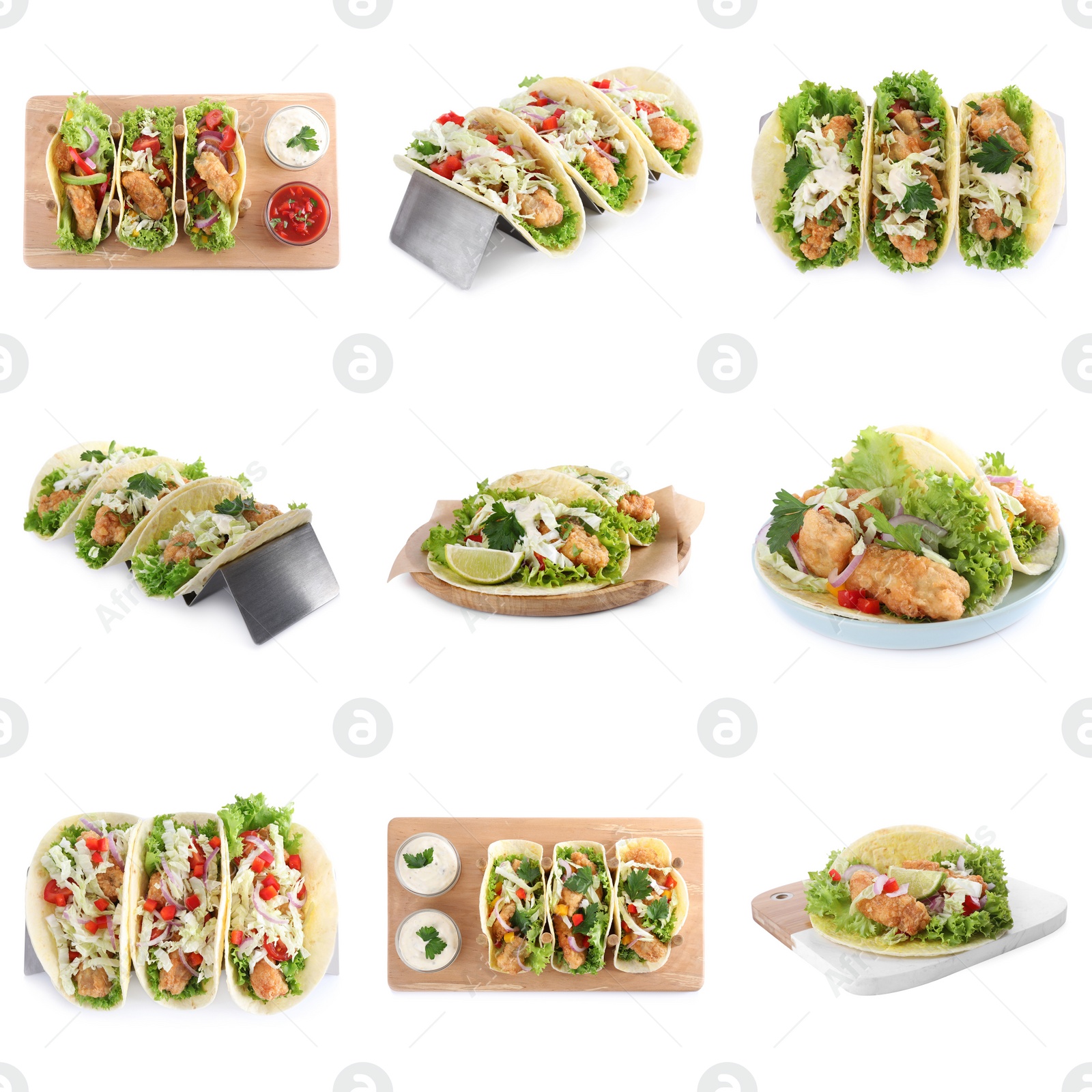 Image of Set of delicious fresh fish tacos on white background