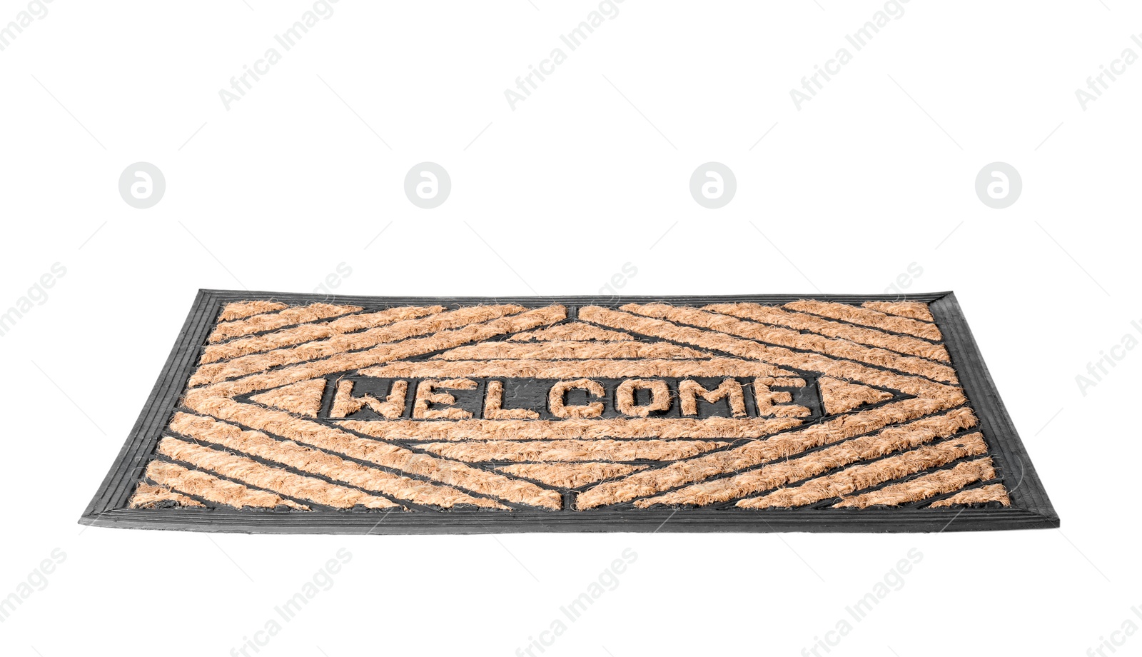 Photo of Brown welcome doormat with pattern isolated on white