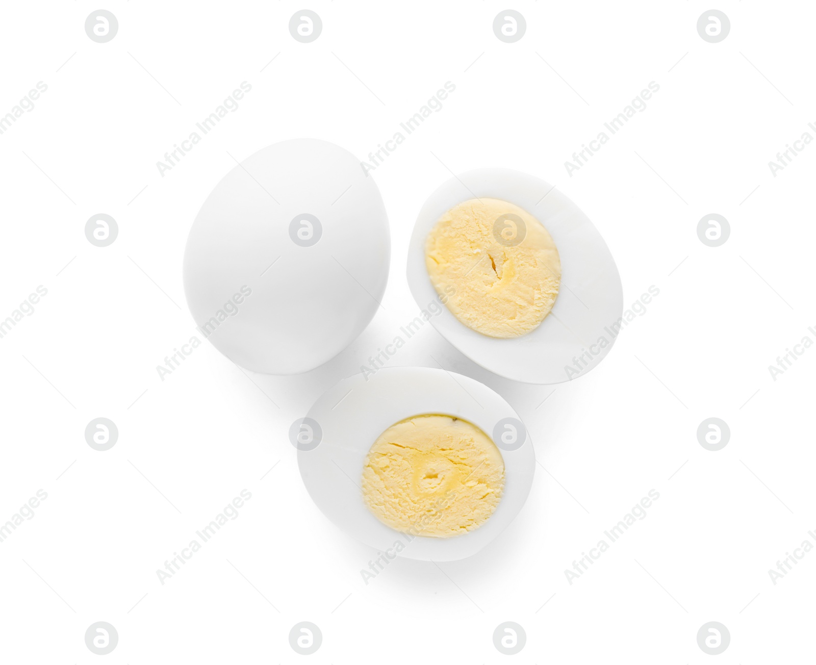 Photo of Fresh peeled hard boiled eggs on white background, top view