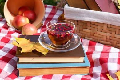 Photo of Cup of tea with hawthorn berries and books on plaid. Autumn atmosphere