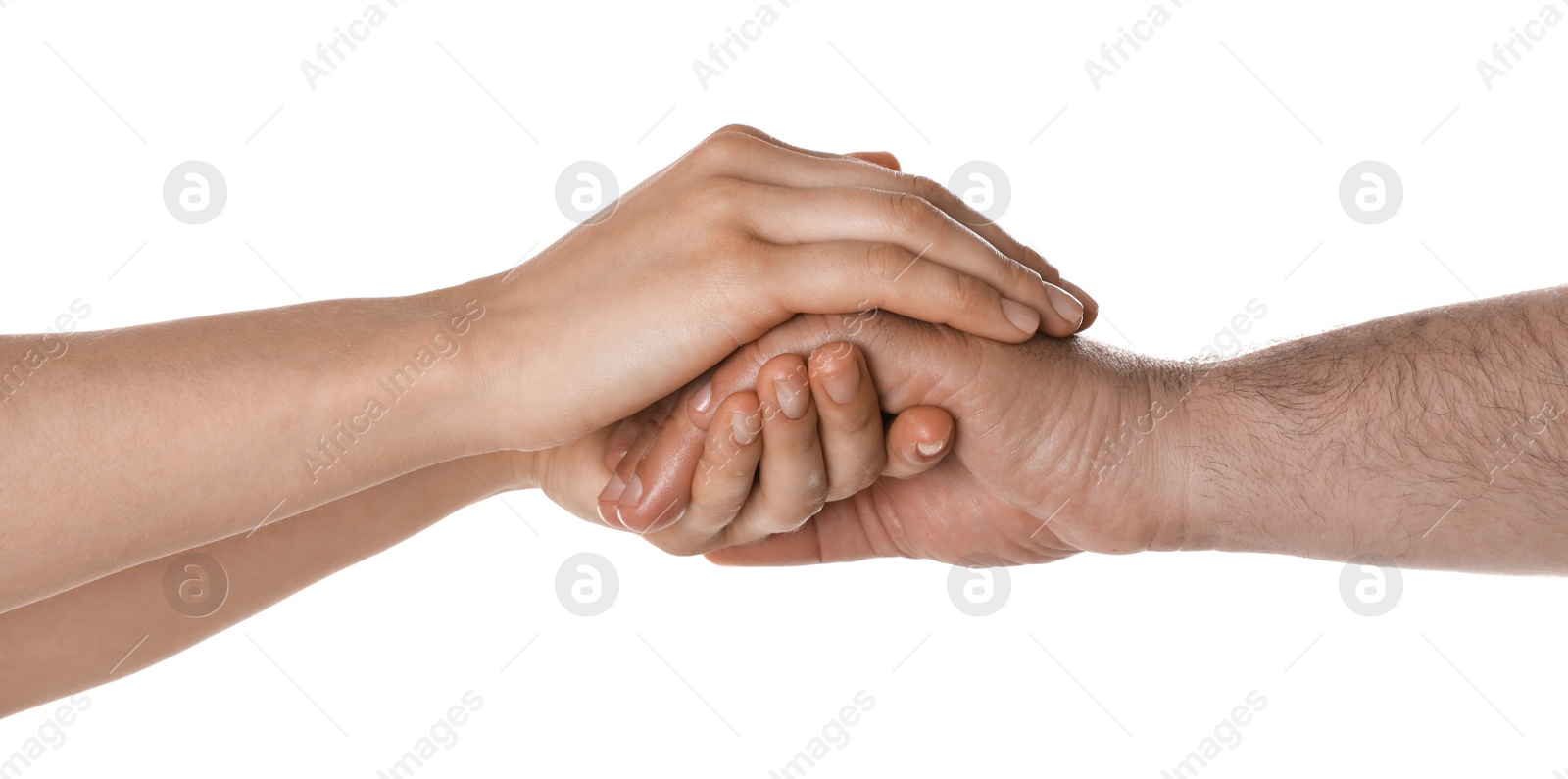 Photo of Woman holding hand of mature man on white background, closeup. Support concept