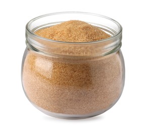 Glass jar of granulated brown sugar isolated on white